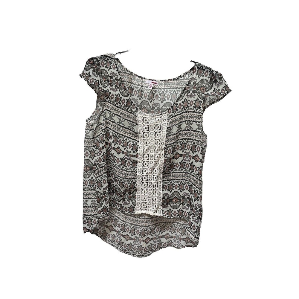 Bongo Sheer Short Sleeve Top Womens Sz Large Lace Front Aztec Print High Low